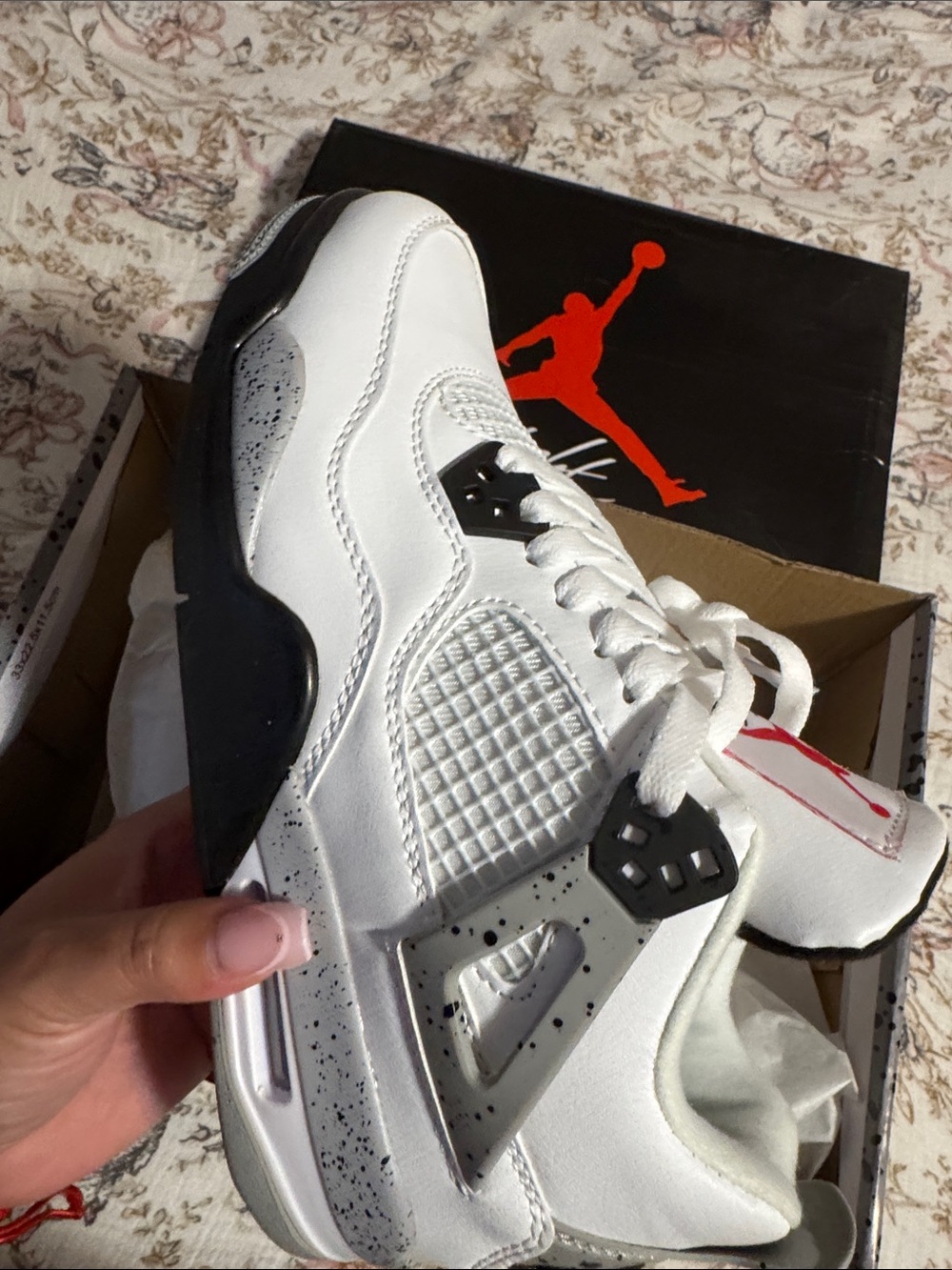 Nike White and Black Basketball Sneakers with Grey Speckle Jordan retro 4